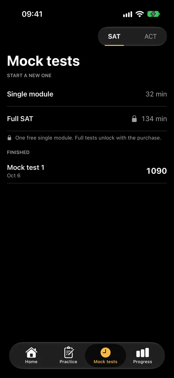 Mock tests list with the last mock score