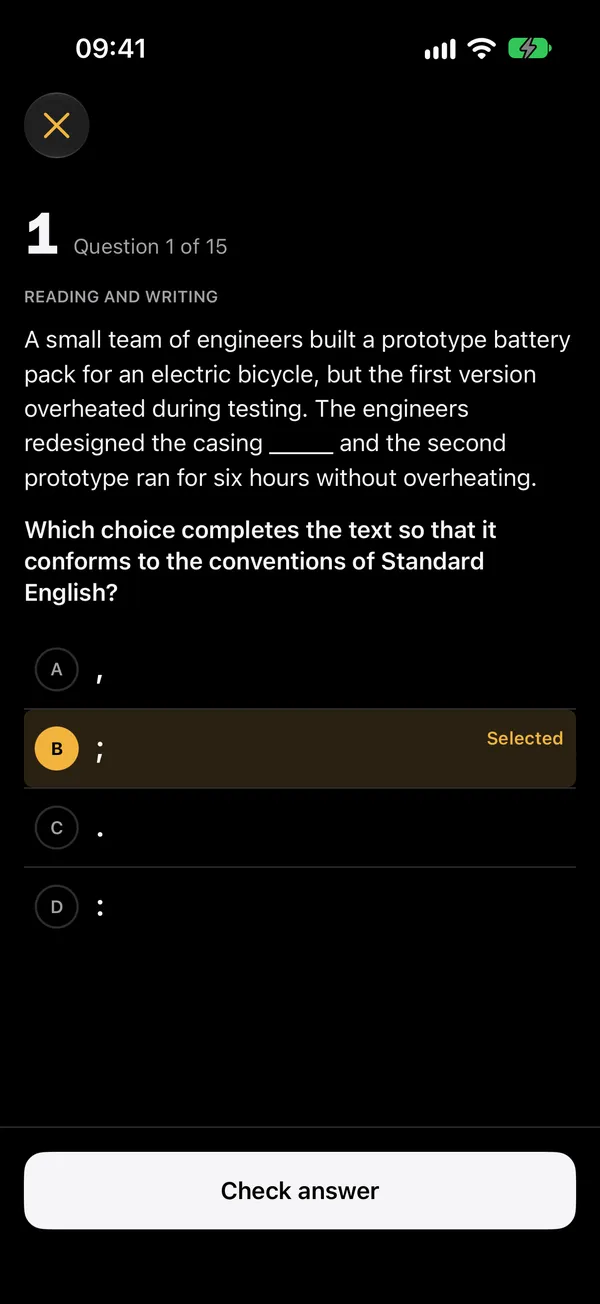 A practice question with one answer selected
